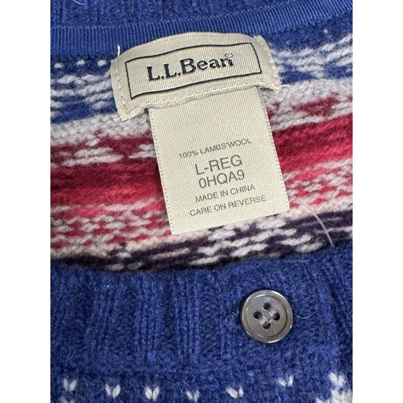 LL Bean Lamb Wool Cardigan Sweater Women's L-Reg Button Up Blue Pink Fair Isle - Picture 2 of 8